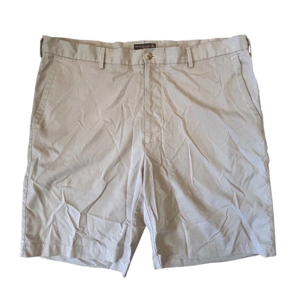 Peter Millar Crown Sport Mens 38 Tan Striped Golf Shorts Performance Flat Front
